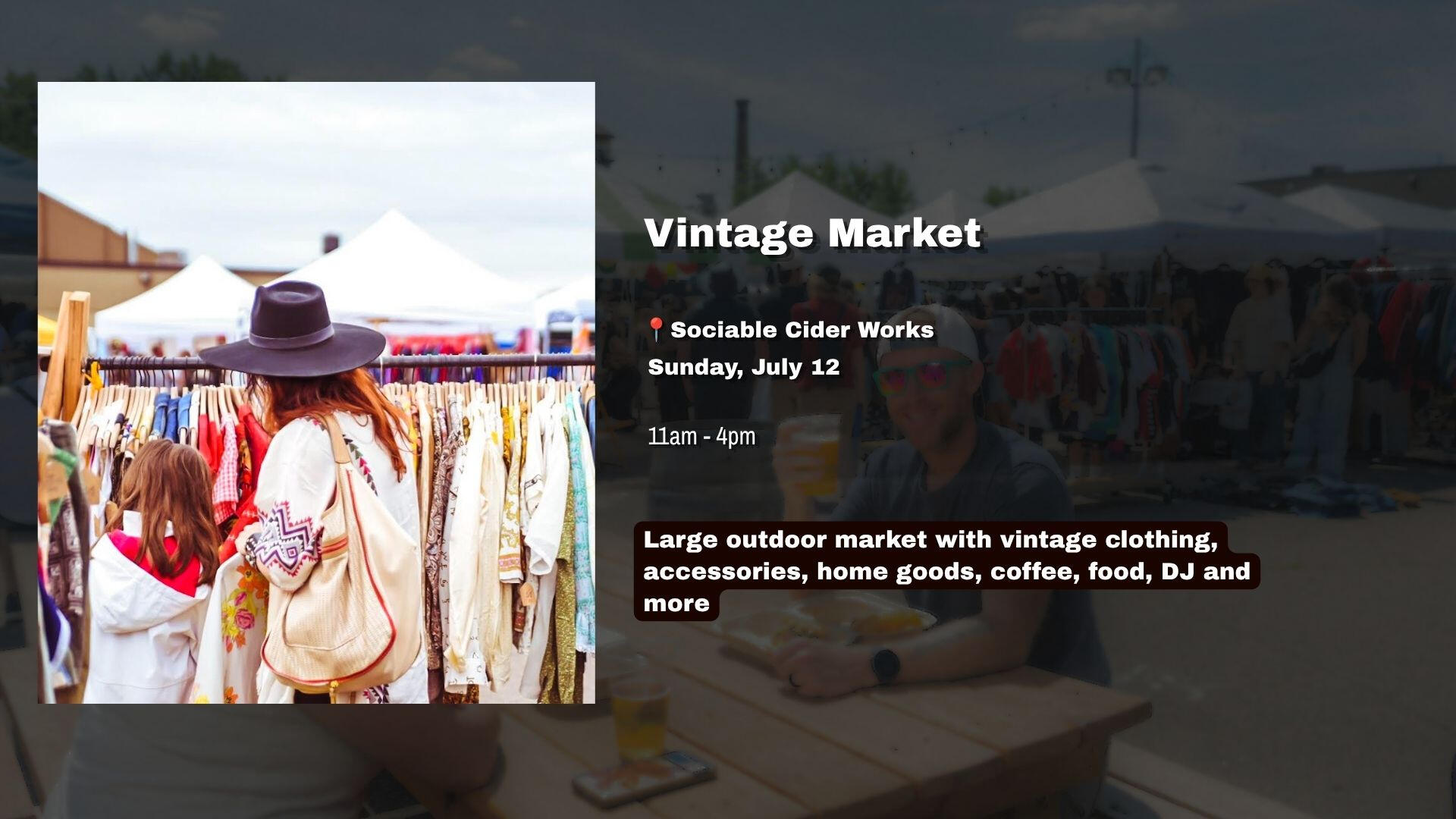 Large outdoor market with vintage clothing, accessories, home goods, coffee, food, DJ and more
