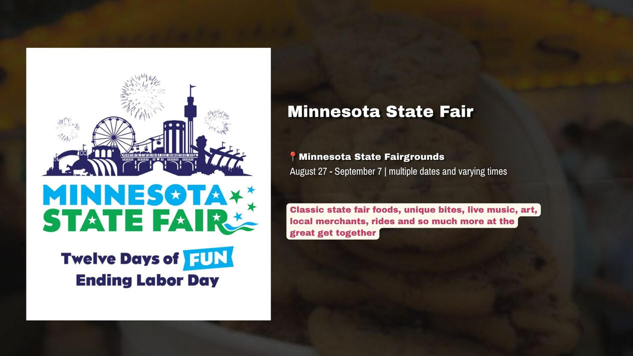 Classic state fair foods, unique bites, live music, art, local merchants, rides and so much more at the great get together